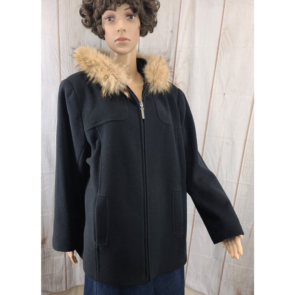 PRESTON & YORK Petite Women 1X Wool Black Coat Racoon Fur Trim Hoodie Zip Close
